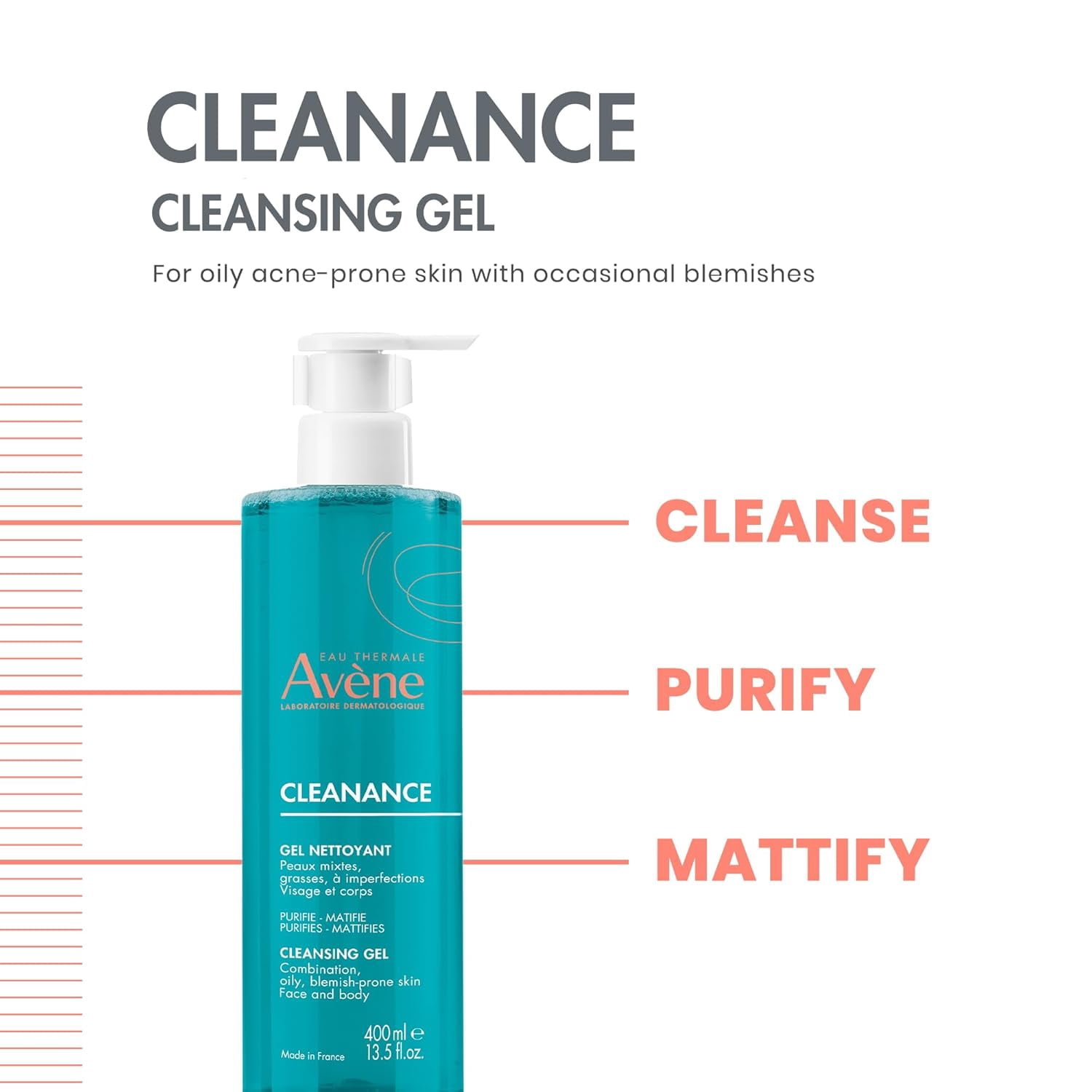 Avene Cleanance Cleansing Gel - Soap Free Cleanser for Acne Prone Skin - For Face & Body, 13.5 fl oz