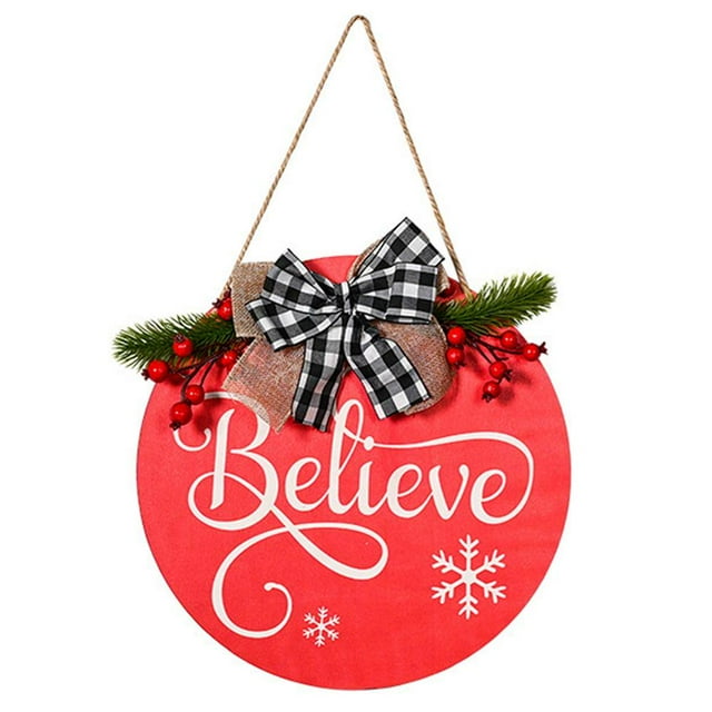 Red Believe Hanging Label With Plaid Bownot for Home Christmas Party Decoration Welcome Sign For Front Porch