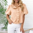 thumbnail image 2 of RongHuan Women's Ruffle Striped Shirts Summer Short Puff Sleeve Stand Collar Fashion Work Casual Loose Blouse, 2 of 8
