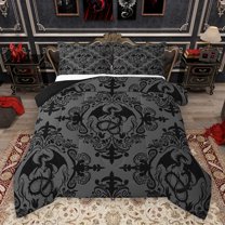 Homewish Vintage Western Dragon Queen Comforter Set, Black Grey Damask Flower Print Bedding Sets, Hippie Mandala Style Reversible Bedding Comforter Set, Luxury Bedroom Decor, 3-Piece