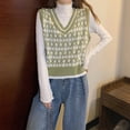thumbnail image 3 of Chaleco de punto Mujer Estudiante Sin mangas Cuello en V Suéter a cuadros Top Causal, Verde AweSitey AP001447-01B, 3 of 7