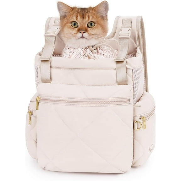 TJOUL Cat Carrier Puffy Backpack Breathable Small Dog Front Backpack Large Space for Small Dogs, Drawstring & Water-Resisant Pet Bag for Travel Hiking, Lotus Pink Patent Pending