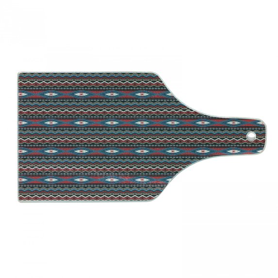 Antique Cutting Board, Prehistoric Style Folkloric Striped Design Antique Mayan Patterns, Decorative Tempered Glass Cutting and Serving Board, Wine Bottle Shape, Black Blue Coral, by Ambesonne