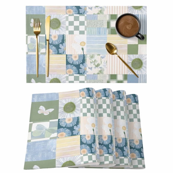 Spring Floral Checkered Placemats Set of 6, Sage Green Daisy Buffalo Plaid Placemats for Dining Table, Place Mats for Kitchen Tabletop, Waterproof Wipeable Dining Table Mats Set