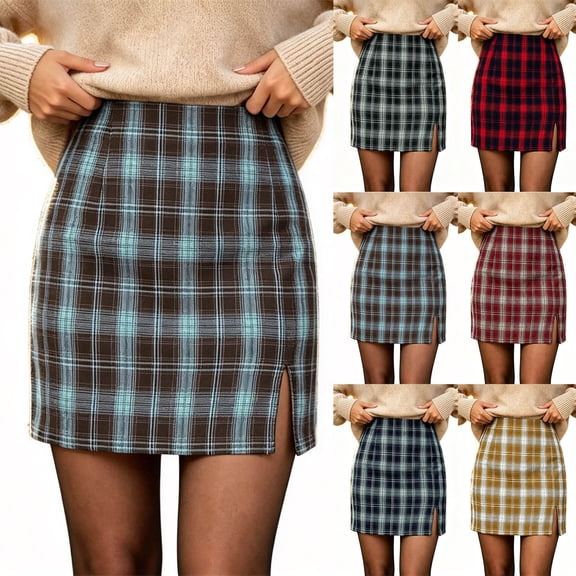 Lolmot Soft Cotton Womens Plaid Mini Skirt, Y2K Trendy Fall Winter High Waist Pencil Skirts with Side Slit Going Out Date Night Skirt