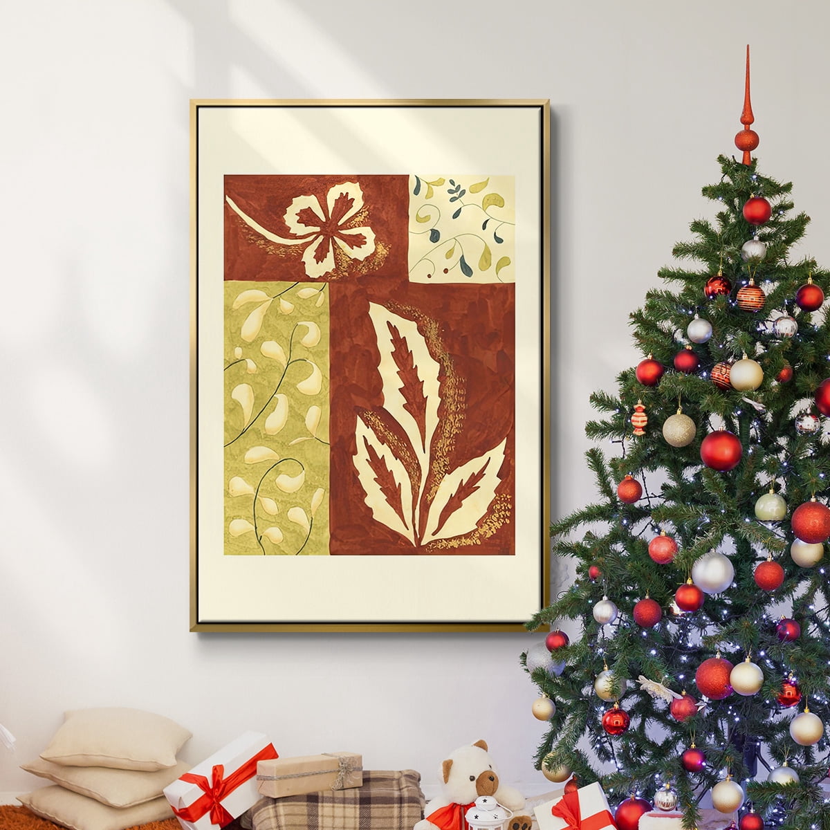 Festive Floral I - Framed Gallery Wrapped Holiday Canvas - 27 x 41 - Gold Frame