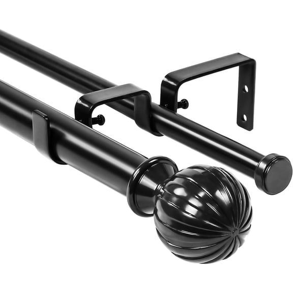Urbanest Adjustable Double Curtain Rod Set Fluted Ball Manhattan Finials – 1″ Front & 5/8″ Back Rod With Black Rod, 28–48 Inches