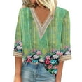 thumbnail image 2 of Green Women's Short Sleeve T-shirt, Women'S V Neck Lace Edge Gradient Print Loose Seven Quarter Sleeve T Shirt,Women's Short sleeve T-shirt S, 2 of 6