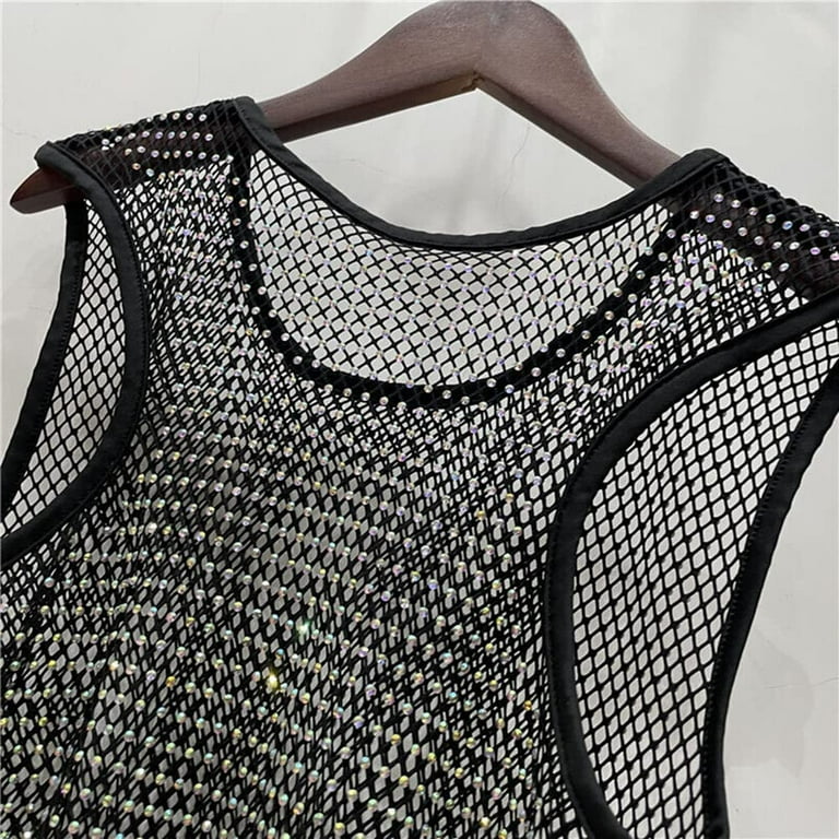 HAORUN Women Rhinestone Fishnet Mesh Tank Tops Glitter Shiny HAORUN Women Rhinestone Fishnet Mesh Tank Tops Glitter Shiny