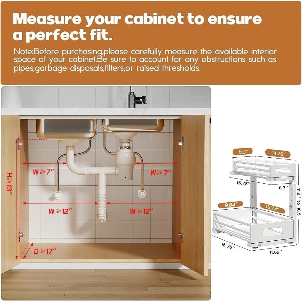 2-Pack Under Sink Organizers and Storage,2-Tier L Shape Pull Out Cabinet Organizer With Round Tube Slide Rails,Hight Adjustable Slide Out Drawers for Kitchen&Bathroom,Multi-Purpose StorageShelf-White