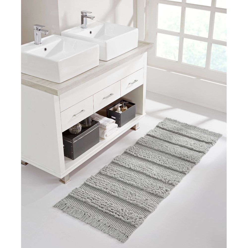 VCNY Home Savannah Fringe Stripe Cotton Blend Bath Runner Rug, 24" x 60
