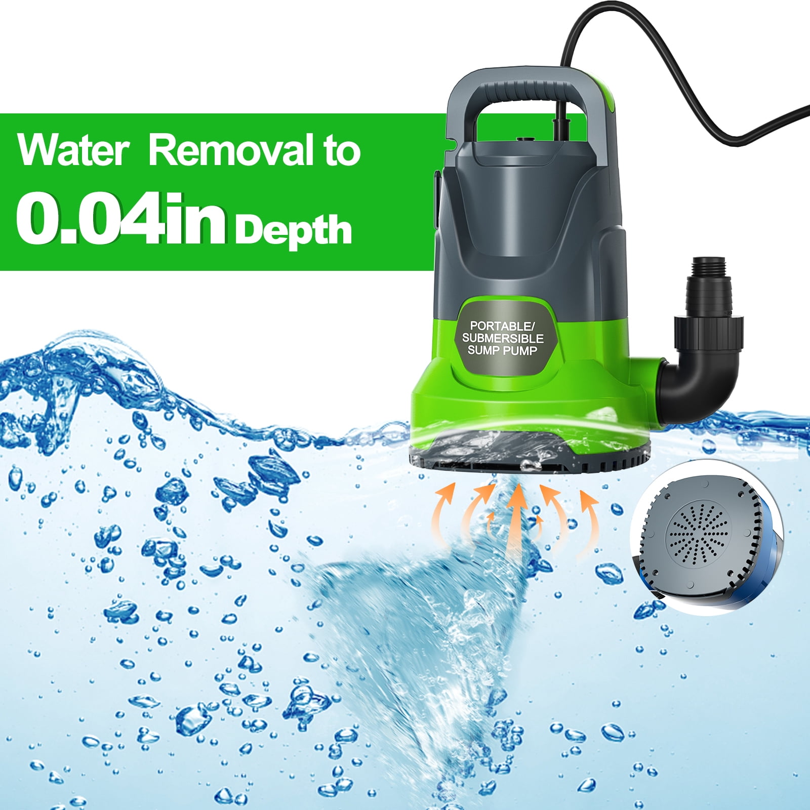 Sump Pump 1.1HP Submersible Water Pump 4700GPH Electric Portable Transfer Water Pump for Pool Draining Basement Green