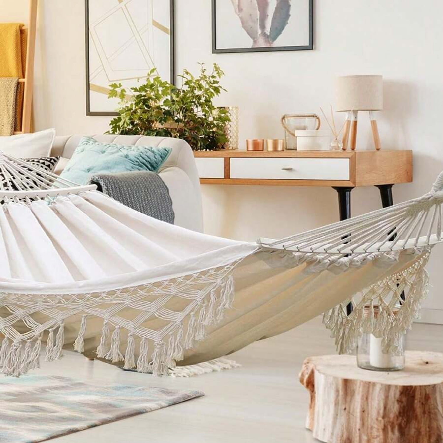 Boho Tassel Hammock - Large Portable 2-Person Double Boho Hammocks With Tassels, Portable Rope Hamaca Swing With Travel Bag For Outside, Porch, Garden, Patio, Backyard, Up To 500lbs Beige