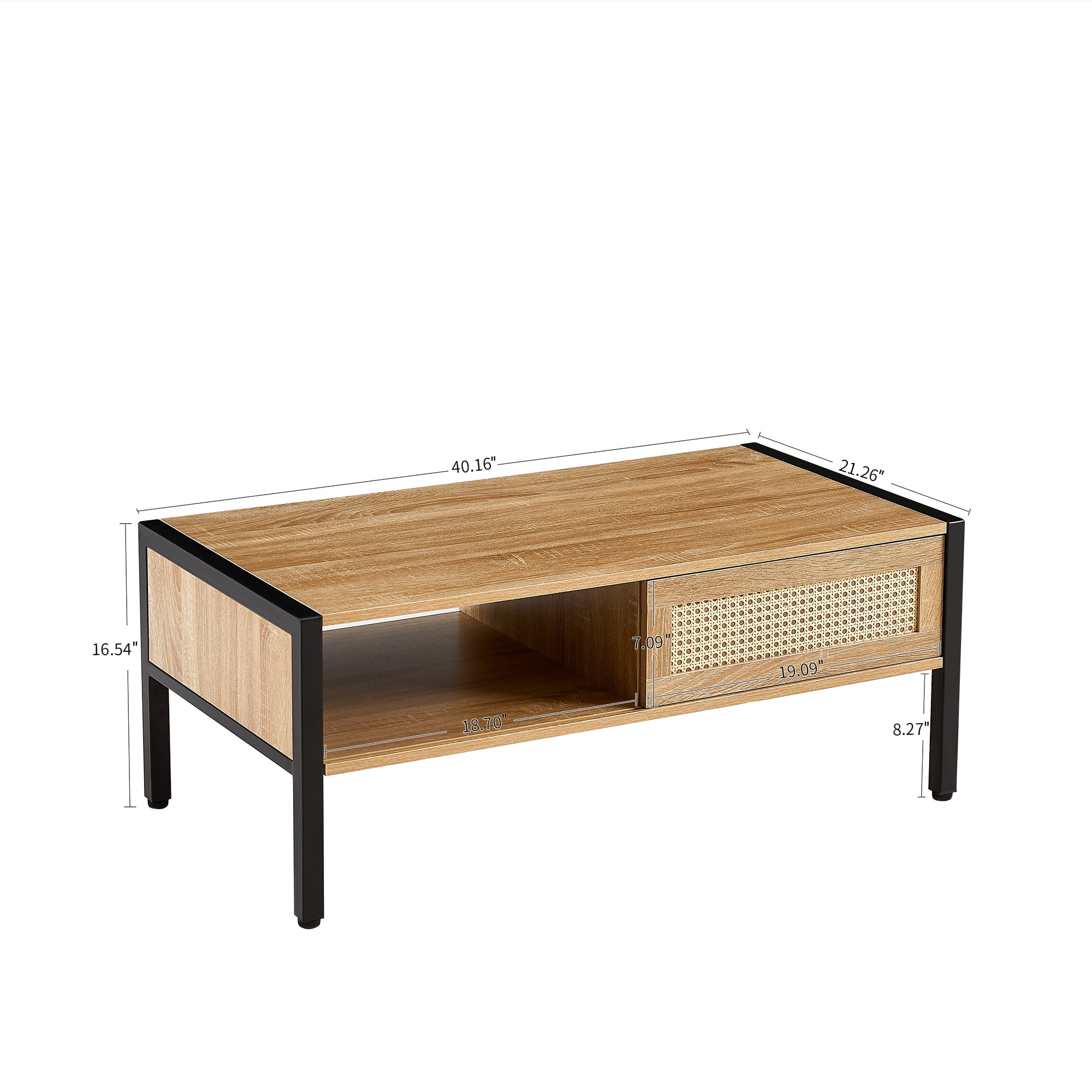 Rattan Coffee Table, Storage Coffee Table, Modern Living Room Table with Sliding Rattan Door, MDF Body and Metal Legs, 220LBS Capacity, 40.16" L x 21.26" W, Natural