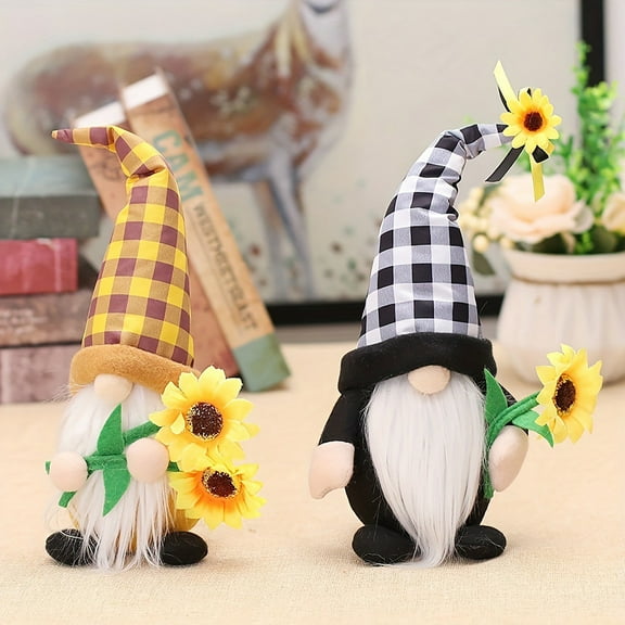 2PCS Sunflower Gnomes Plush Decorations, Summer Spring Gnomes, Scandinavia Buffalo Plaid Sunflower Gnome Plush for Tiered Tray Kitchen Decor, Farmhouse Swedish Nisse Tomte Home Oranment