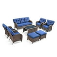 thumbnail image 5 of PARKWELL 8 Pieces Patio Furniture Set, Outdoor 9-Seat Wicker Conversation Sofa Set with Rattan Swivel Chairs, Ottoman, Coffee Table and 5" Thick Cushion for Porch Deck, Brown/Navy, 5 of 11