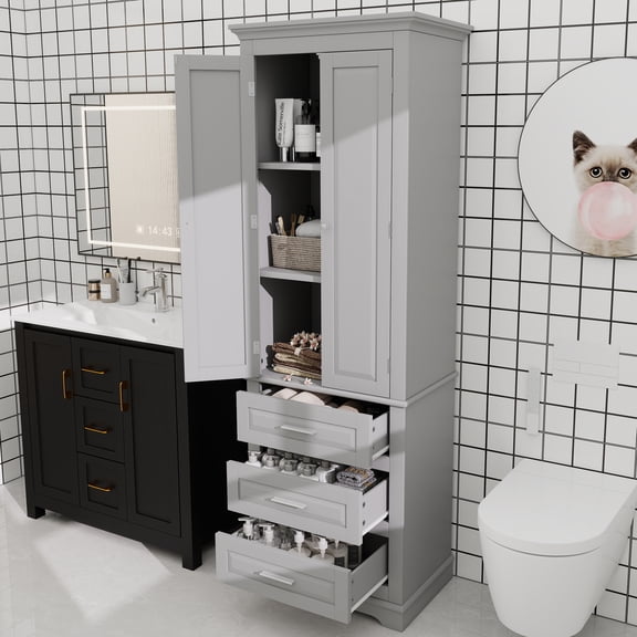Tall Storage Cabinet with Three Drawers for Bathroom/Office, Grey