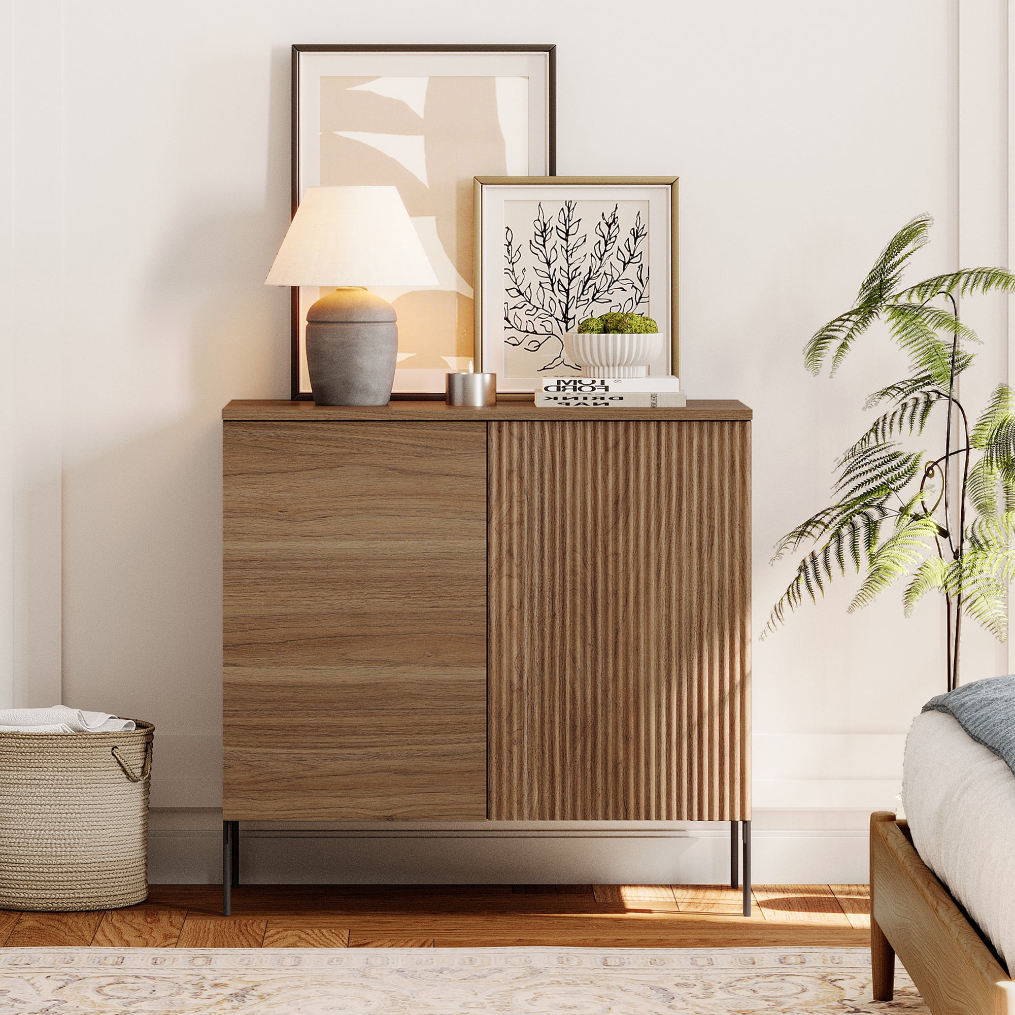 31.5" Modern Wood Reeded Dresser with Doors, Minimalist Dresser Organizer Storage Cabinet for Bedroom,Living room, Entryway