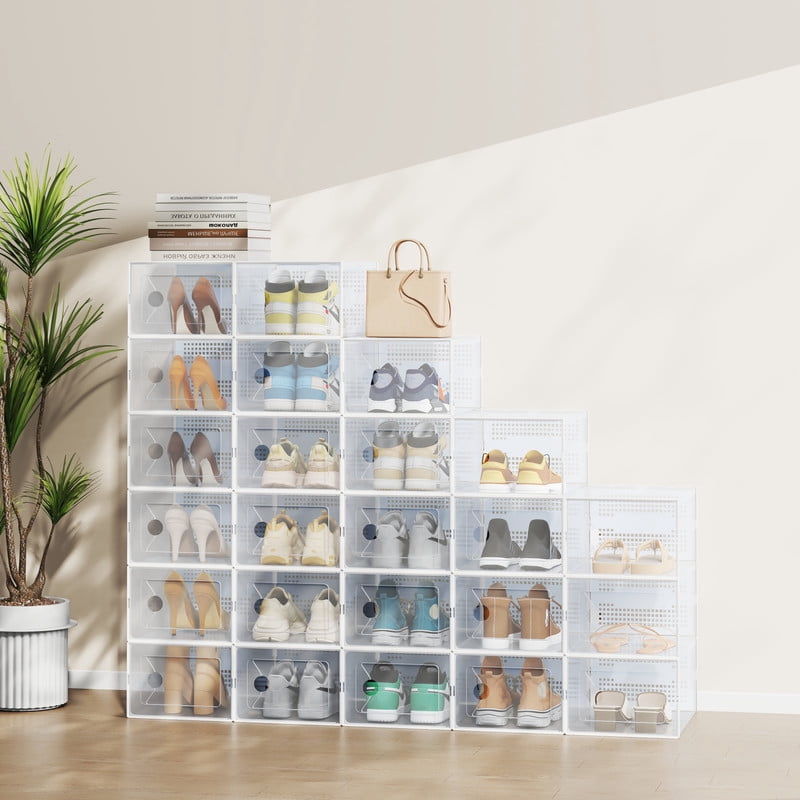 Gianna 12 Pack Stackable Shoe Box , Plastic Storage Organizer for Closet Hallway Bedroom, Holds Shoes up to US Size 9，White