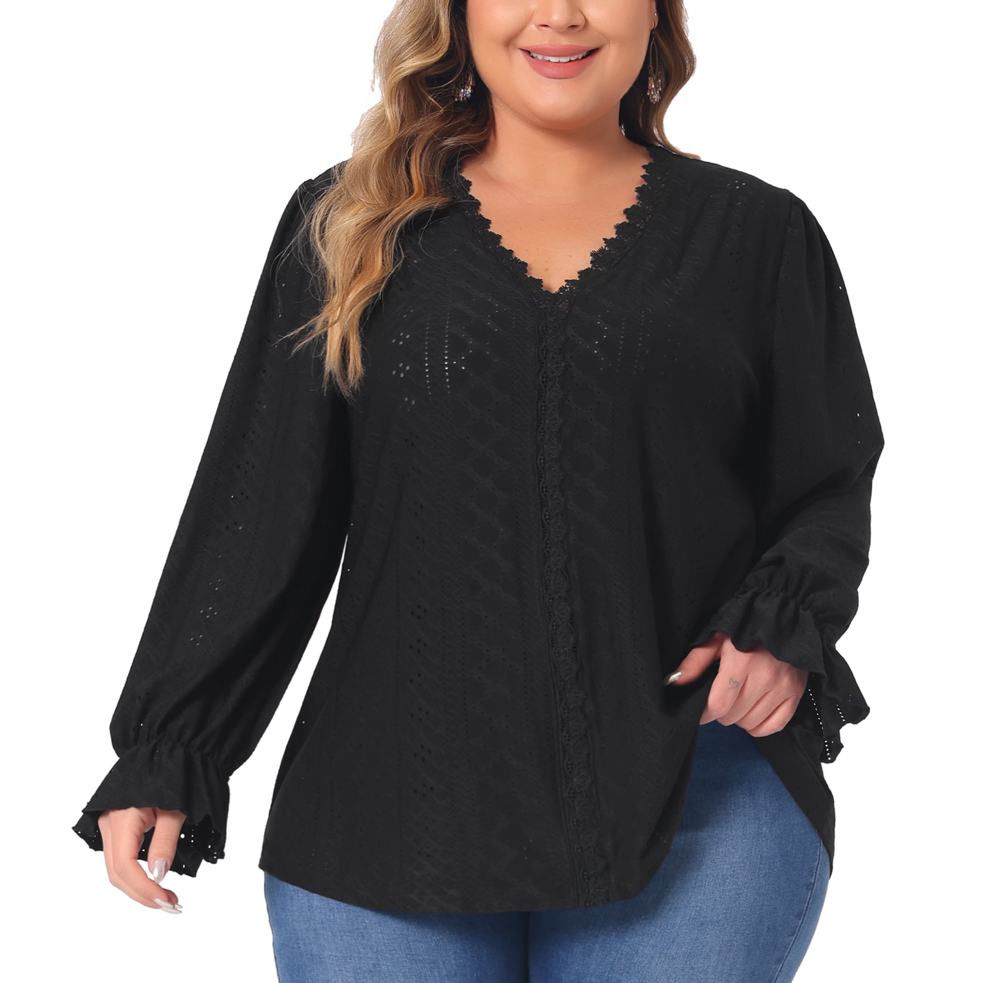 DARING DIVA Women's Plus V Neck Ruffle Long Sleeve Lace Crochet Casual Blouse 4X Black