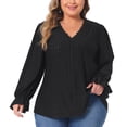 thumbnail image 2 of DARING DIVA Women's Plus V Neck Ruffle Long Sleeve Lace Crochet Casual Blouse 3X Black, 2 of 6