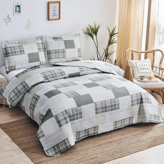 Grey White Plaid Quilt Full/Queen Size Lightweight Patchwork Quilts Geometric Bedspread Checked Bedding Soft Breathable Gingham Coverlet Bed Cover Classic Home Decor