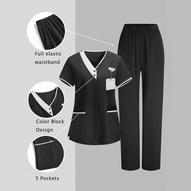 Yourumao Ensembles de Blouses Médicales pour Femmes Deux Pièces Basiques Manches Courtes Col en V Hauts et Pantalons Droits Tenues Uniformes Unies avec Poche