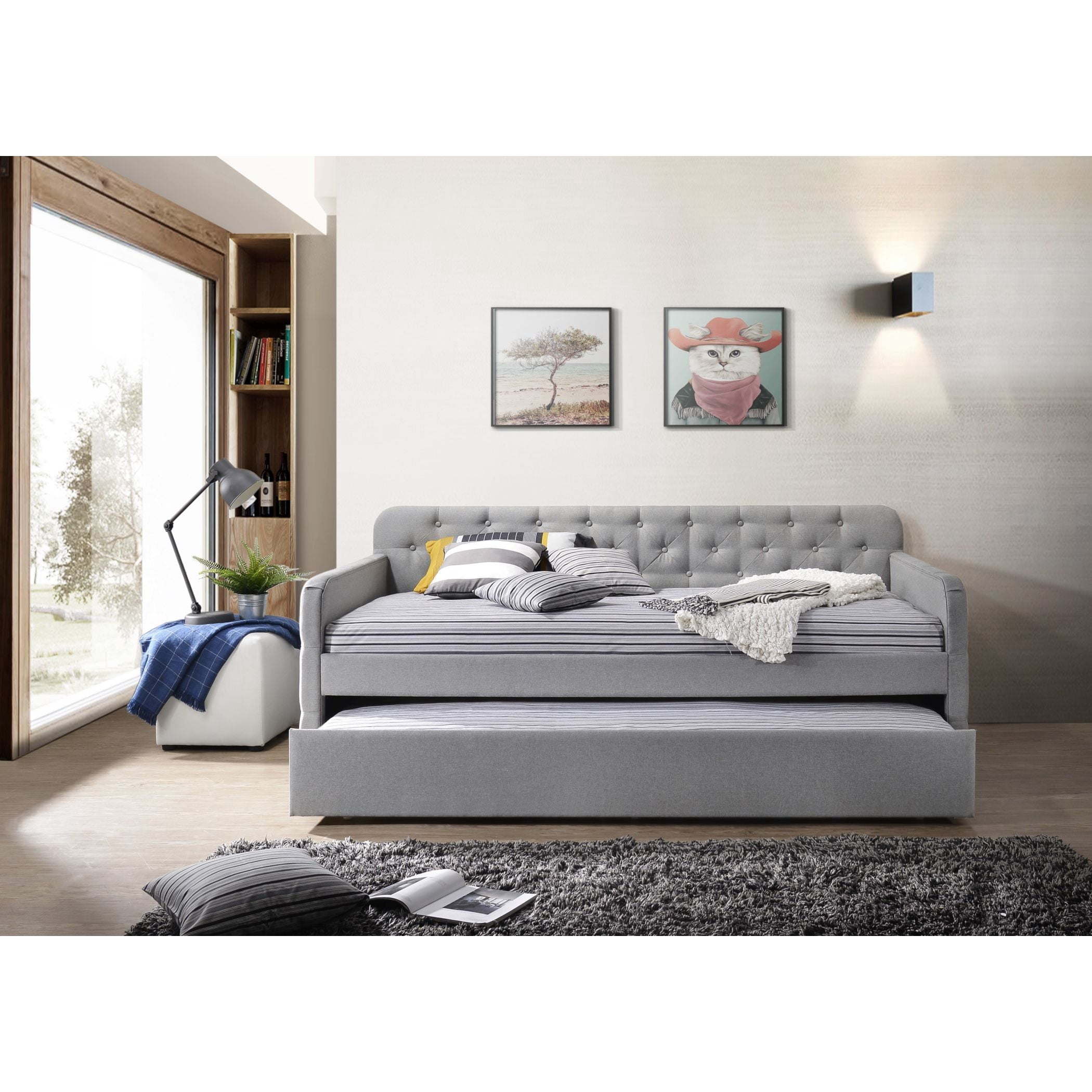 Home Design Uma Twin Daybed with Linen Upholstery, Button-Tufted Back, Track Arms, and Pull-Out Trundle, Comfortable Seating and Sleeping, Gray