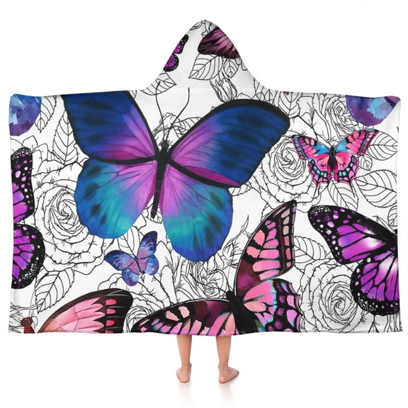 Purple Butterfly Rose Pattern Hooded Bath Towel,50"x30" for Ages 3 To 12 Kids, Quick Dry Lightweight Soft Microfiber Hood Beach Towel Cover Up for Kids