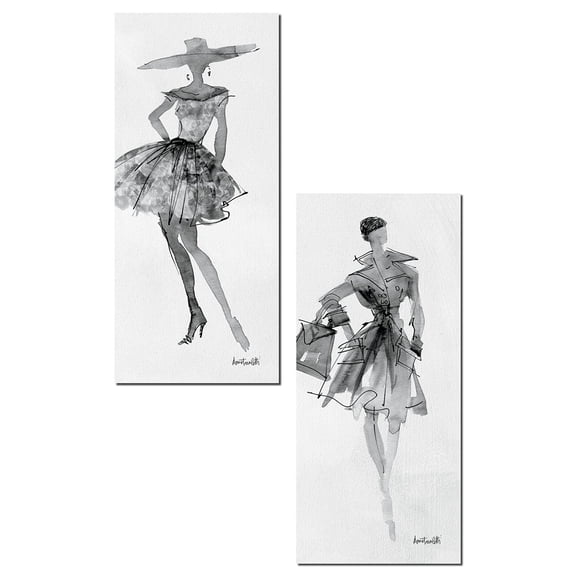 Trendy Runway Fashion Model Sketch Panel Sets by Anne Tavoletti; Two 8x18in Paper Posters