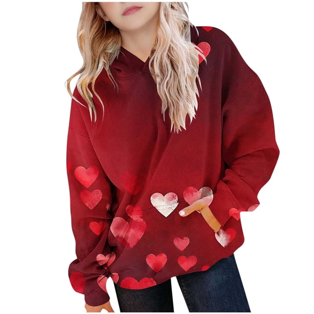 Camiseta con Capucha de Manga Larga Impresa de Color Del Día de San Valentín de la Niña con Insertos de Hombro, Suave 95% Poliéster 5% Spandex Top Casual