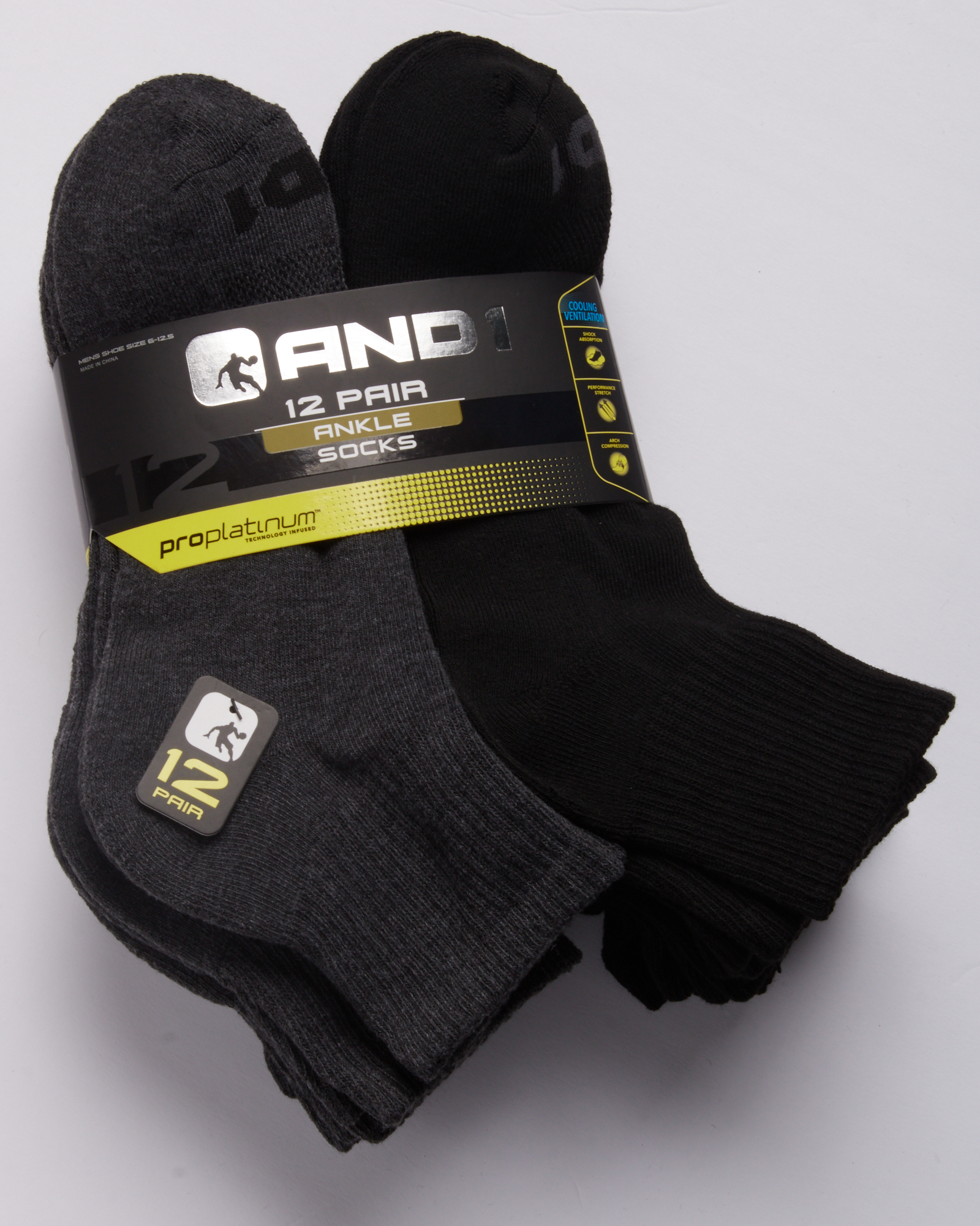 AND1 Men's Cushion Quarter Socks, 12-Pack, Gray photo 2