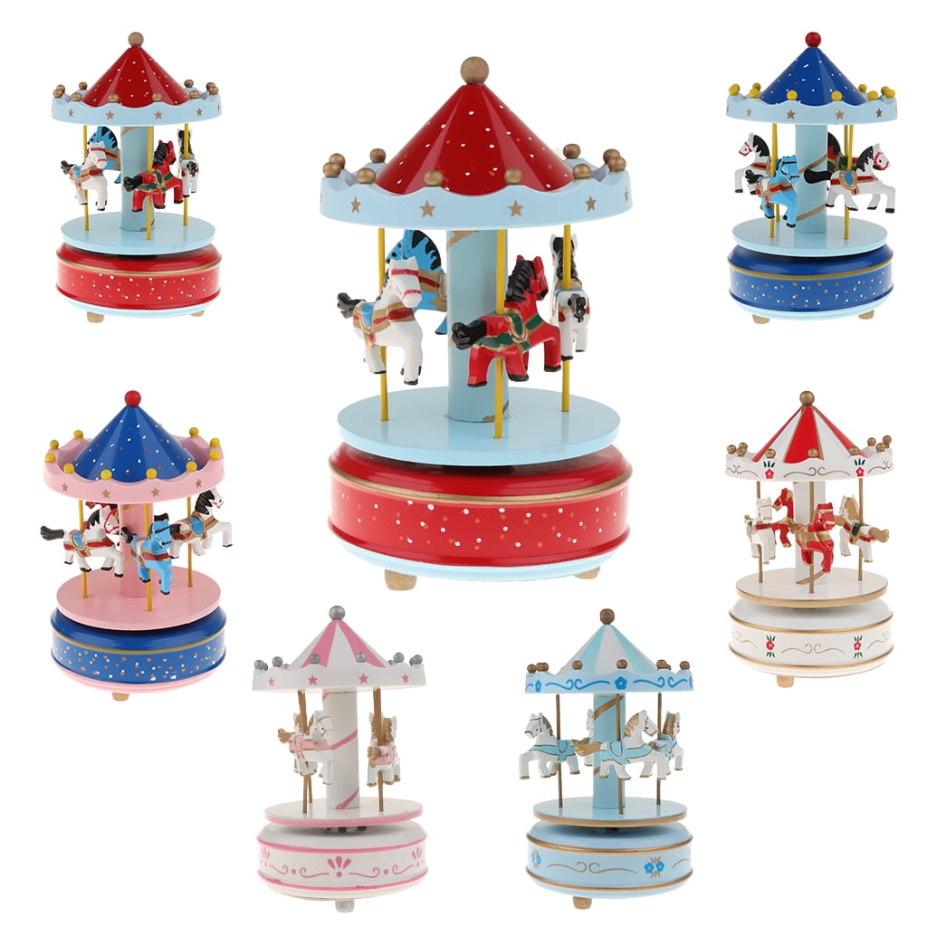 Wooden Carousel Music Box Mechanical Toys for Children/Adults Pink/Blue/Red 