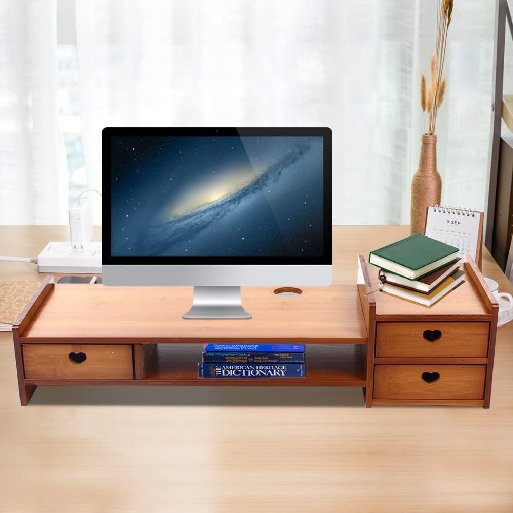 Monitor Stand Riser with 3 Drawers 2-Tier Bamboo Wood Computer Riser for Desk Home Office Desktop Stand Storage Organizer for TV Laptop Computer PC