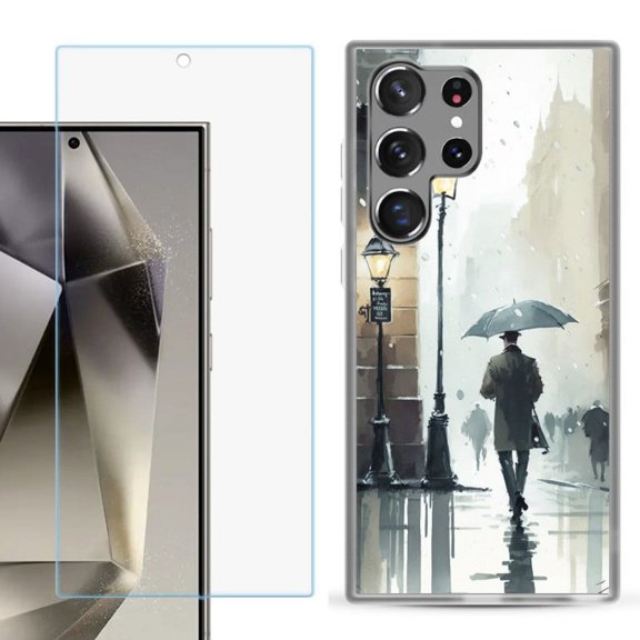 OneToughShield ® Compatible with Samsung Galaxy S24 Ultra, Shockproof Phone Case, with Tempered Glass Screen Protector - City in the rain