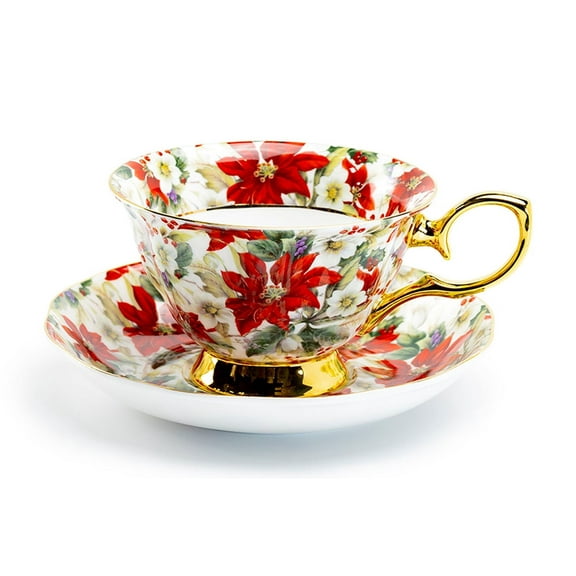 Stechcol Gracie Poinsettia Chintz Gold 7oz Bone China Tea Cup and Saucer