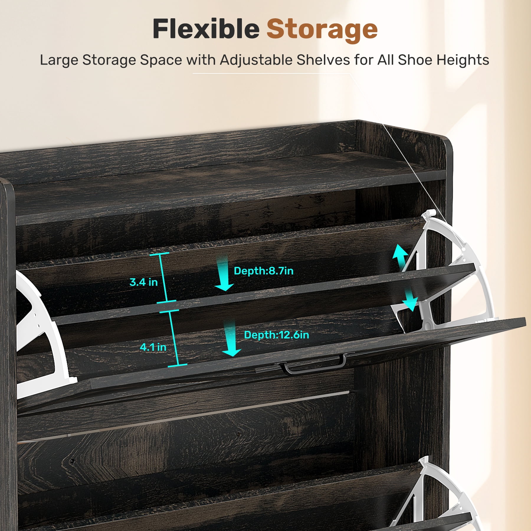 MOONMISS Shoe Storage Cabinet with 3 Flip Drawers and Open Storage,Rustic Wooden Shoe Organizer for Entryway Hallyway