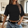 thumbnail image 2 of GZWYHT Crop Summer Tops Batwing Short Sleeve Ruched Waist Slim Fitted Basic Tees Going Out T Shirts Fashion Workout Summer Clothes Black L, 2 of 7
