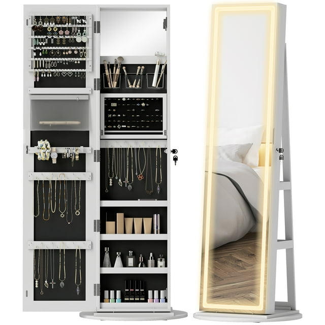 CoSoTower Jewellery Cabinet with Full Length Lockable Mirror, Standing Jewellery Armoire Organizer with LEDs, White