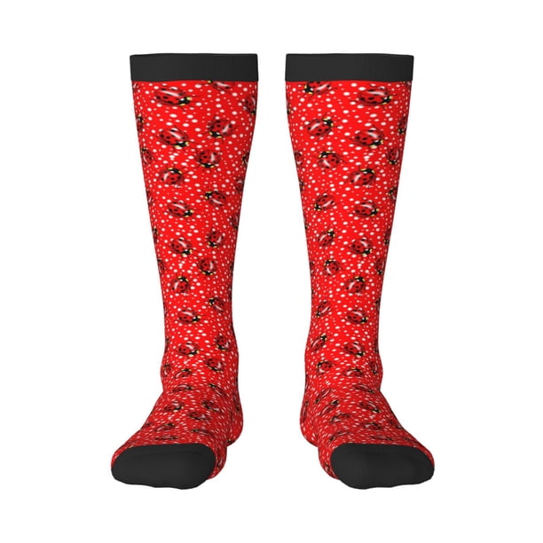 Fotbe Red Ladybugs On White Dotted Calcetas Divertidas Estampadas para Hombre y Mujer, Calcetas de Algodón hasta la Rodilla para Caminar, Correr, Enfermería y Embarazo