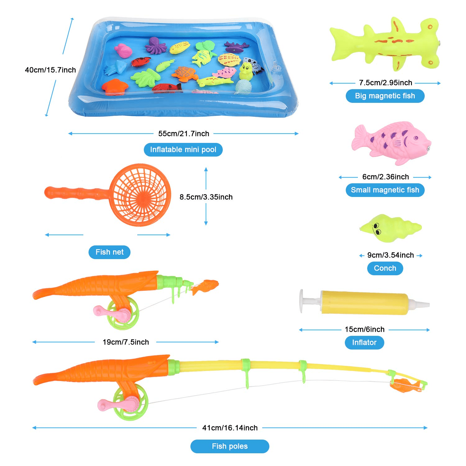 Powiller Magnetic Fishing Toy, 41 PCS Waterproof Magnet Fishing Game  Educational Bath Toy Play Set, Great Gift for Toddlers Kids with Fishes, 2 Pole  Rods, 2 Nets, 1 Inflatable Pool and 1Inflator 