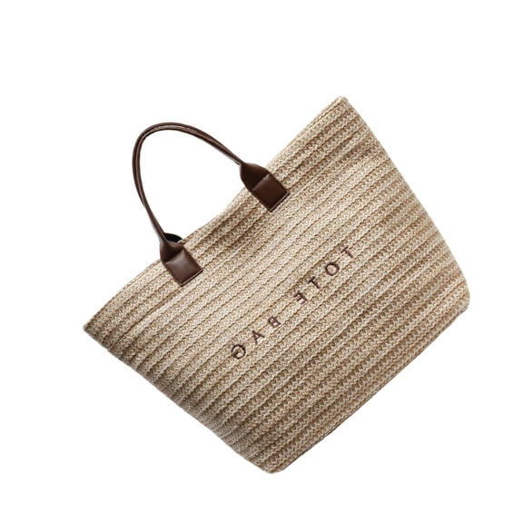 Women Commuting Bag Handwoven Beach Bag Letter Print Handbag Straw Top Handle Bag Large Capacity Vacation Bag