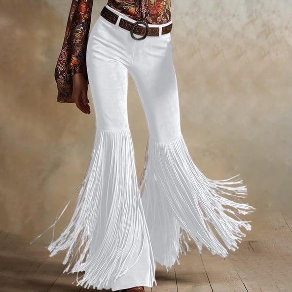 Karymi Running Shorts for Women Western Style Fringe Bell Bottom Trousers, Solid High Waist Flare Long Pants, Slim Fit Stretch Retro Cowboy Pants , Belt Not Included Women's Pants