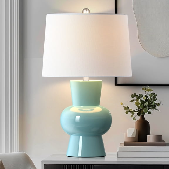 25.6" Blue Ceramic Table Lamp, Large Bedside Living Room Lamp, 1 Pack Vase Bedside Lamp with White Linen Lampshade, Modern Bedroom Lamp