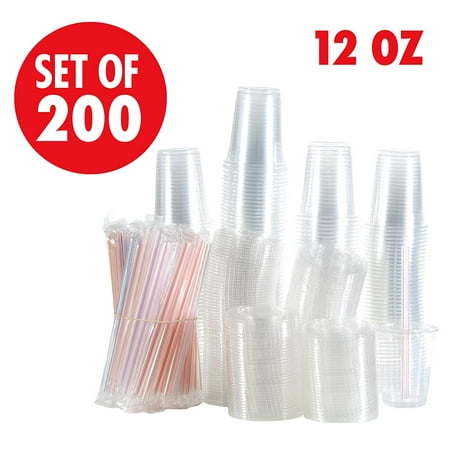 Set of 200 Clear Plastic Cups with Flat Lids, Smoothie Wide Large Straw, Cold Smoothie Iced Coffee Cup with Lids, 12 oz 16oz largest 24oz, Great for Cocktail, Juice, Teas, Clear Frozen Drink