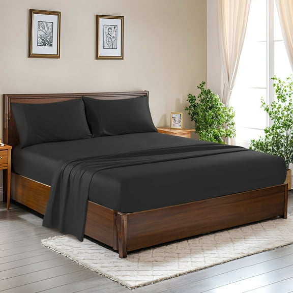 SONORO KATE 100% Cotton Bed Sheets Set, 1000 Thread Count 4 Piece Luxury Soft Sheets Set with 16" Deep Pocket, King, Black