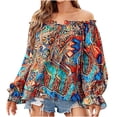 thumbnail image 4 of AOOCHASLIY Spring Saving Women's Summer Casual Printing Long Sleeve Off-The-Shoulder Tops Loose Blouses, 4 of 5