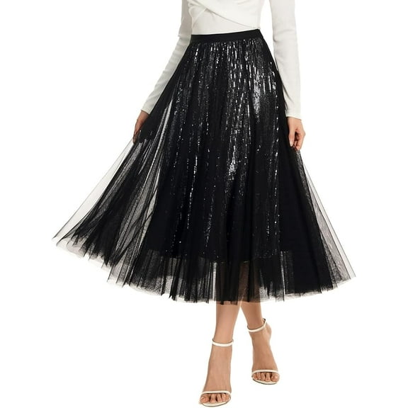 Sequin Long Tulle Skirt Layered Flowy Fairy Sparkle Party Mesh Tea Length Big Hem Skirts for Women