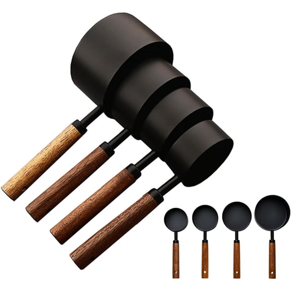 4-piece Black Stainless Steel Measuring Cups Kitchen Gadgets for Cooking Baking, Wooden Handle Stackable Nesting Measuring Cup Set Dishwasher Safe Black