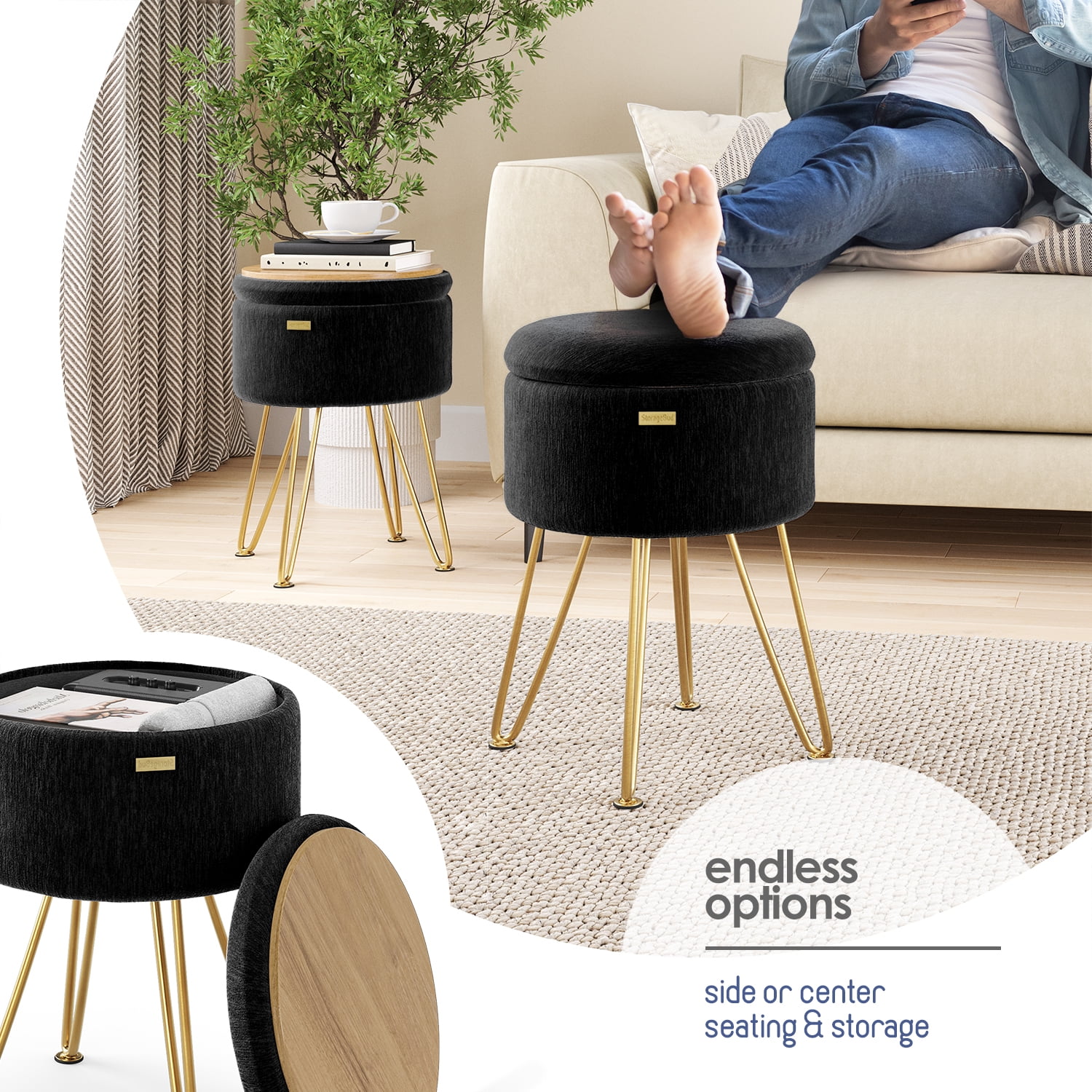 Hearth & Harbor Round Ottoman with Storage, Luxurious Foot Stool and Chic Vanity Stool with Storage, Elegant Textured Velvet Black